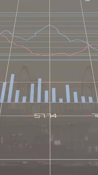 Vertical video: AR dashboard scrolling up over harbor expanding bar pie line charts for port data