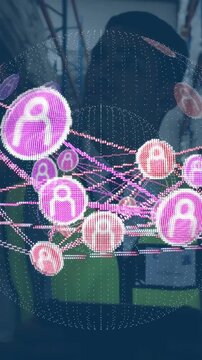 Vertical video: Man in hi-vis retail AR starting rotating sphere mapping staff, nodes crossing ID