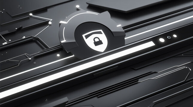 Cyber security concept with digital padlock, secure HTTPS address bar, and futuristic network interface on a dark technology background.