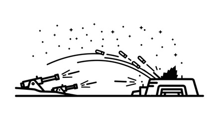Naklejka premium Artillery Battle: Cannons Firing Shells at Fort Under Starry Night Sky