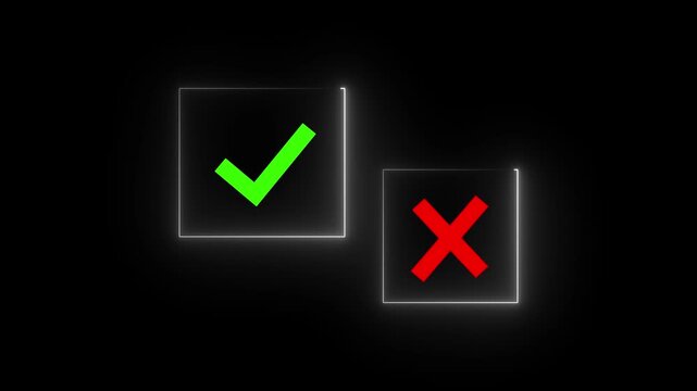 Glowing neon Select the check mark on a laptop. check right and wrong marks. concept decide to choose vote. yes or no decisions, and business options for difficult situations in dilemma. 