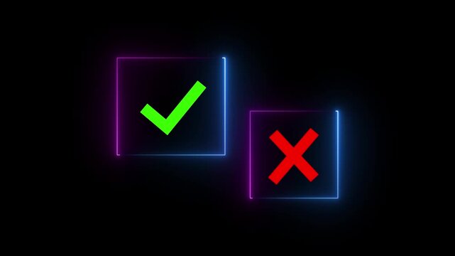 Glowing neon Select the check mark on a laptop. check right and wrong marks. concept decide to choose vote. yes or no decisions, and business options for difficult situations in dilemma. 