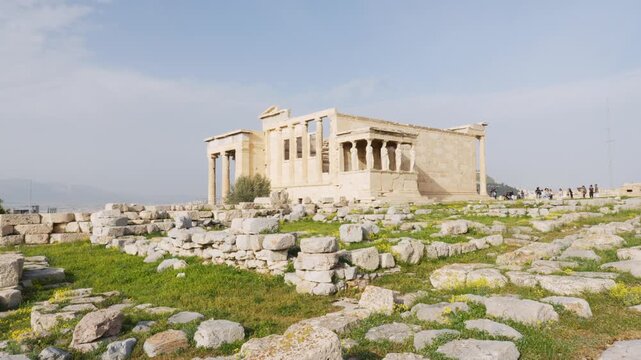 Erechtheion temple with famous Caryatid columns on the Acropolis hill in Athens Greece
