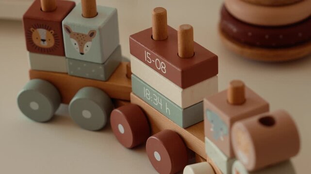 Decorative wooden toy train with blocks showing birth date and time