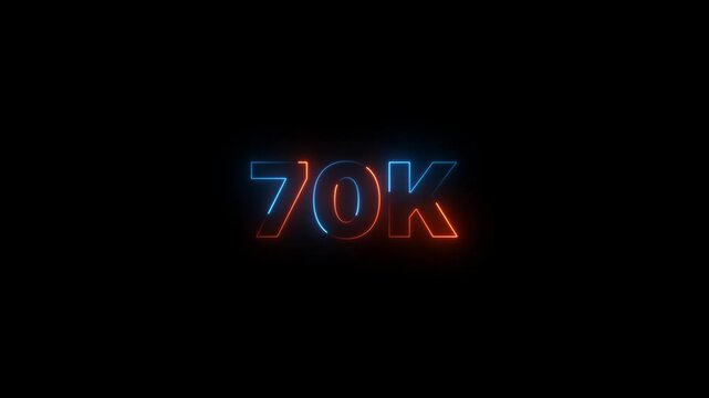 Glowing neon 70k typography animation. Futuristic milestone number design for subscribers celebration, online community achievement and social media success.