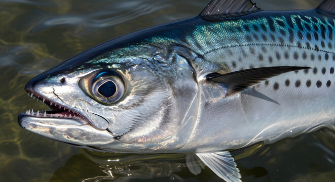 Detailed macro shot of a fish head showing sharp teeth and reflective scales near the water surface