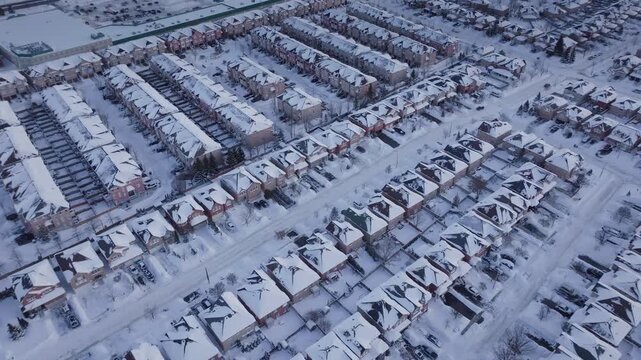 Aerial view of snowy suburb in Mississauga showing winter calmness