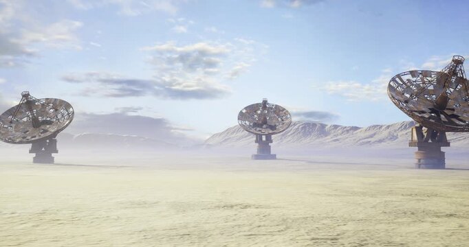 desert midday with parabolic radio telescopes, bright high sun, crisp shadows across sand, three metallic dishes aligned, distant mountains under clear blue