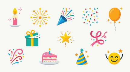 A vibrant collection of colorful birthday party icons, including a candle, fireworks, party popper, confetti, balloon, gift box, star, ribbon, cake, party hat, and a happy emoji. © tr