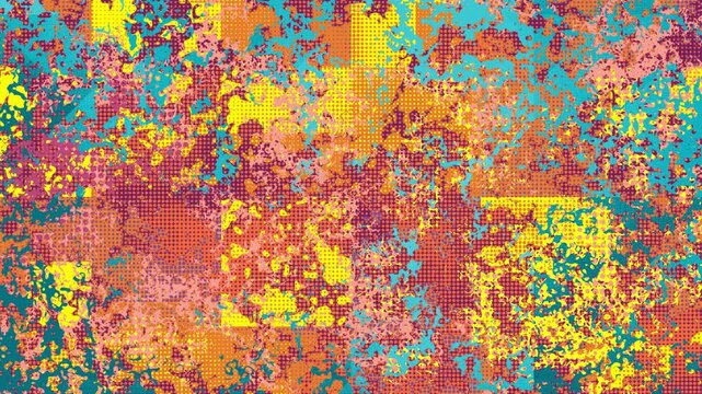 Vibrant abstract halftone grunge pattern background animation, colorful distressed corroded texture