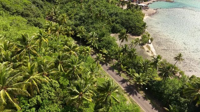 Drone Shot of Coastal Road, Tropical Lush and Beach on Bora Bora Island, French Polynesia