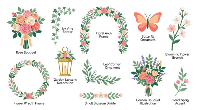 A collection of beautiful floral and garden-themed decorative elements, including bouquets, wreaths, arches, and ornaments.