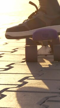 Skater rides purple skateboard at golden hour sunset. Person skateboarding on pavement creates shadows in vertical video. Skateboard rolls during evening skating session. Urban sport captures dynamic
