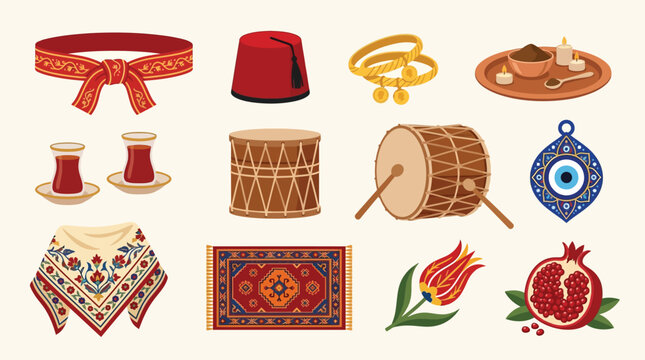 A vibrant collection of traditional Turkish cultural symbols and items, including clothing, musical instruments, decorative objects, and food, presented in a flat illustration style.