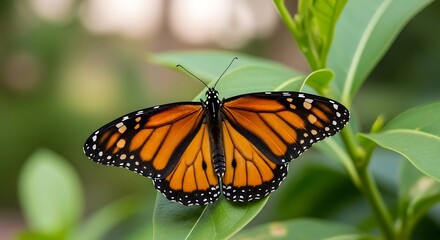 Fototapeta premium Orange Wings, Green Leaves: Delicate Butterfly Portrait