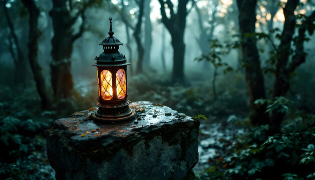 A rusted iron lantern with colorful glass panes, lit from within, standing on old stone