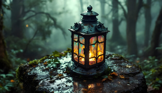 A rusted iron lantern with colorful glass panes, lit from within, standing on old stone