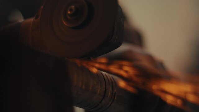 Angle grinder cutting metal sending orange sparks across frame close up
