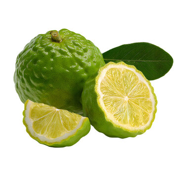 Fresh bergamot fruit with green leaf and sliced kaffir lime, organic citrus fruit for essential oils and aromatherapy, whole and cut bergamot orange with textured peel for herbal medicine