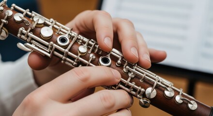 Obraz premium Person Playing Clarinet with Sheet Music.