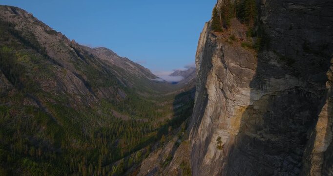 Close aerial of sheer granite wall in Blodgett Canyon Bitterroot Range Montana