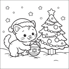 Fototapeta premium Cute Baby Reindeer with Scarf by Decorated Christmas Tree - Christmas Coloring Page Line Art