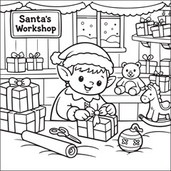 Cute Baby Reindeer with Scarf by Decorated Christmas Tree - Christmas Coloring Page Line Art