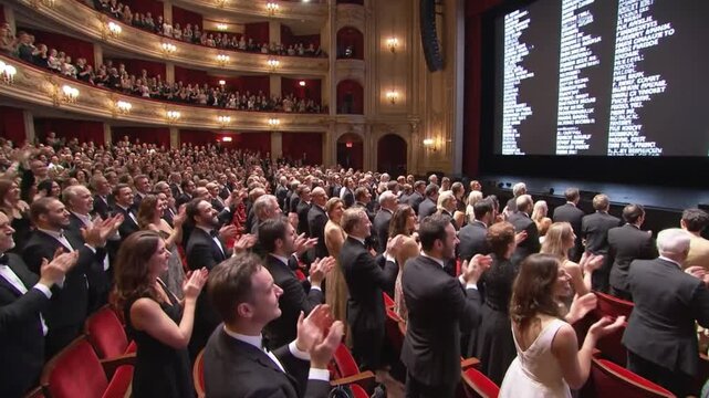 Audience applauds enthusiastically at a formal event in a grand theater with ornate balconies and a large screen displaying text.