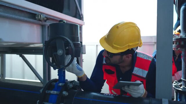 Young male engineer inspecting industrial pipeline systems while communicating via walkie talkie and recording data on a tablet, representing professional infrastructure management