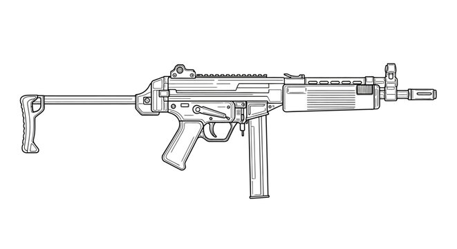 Line Art Drawing of a Modern Submachine Gun with Collapsible Stock