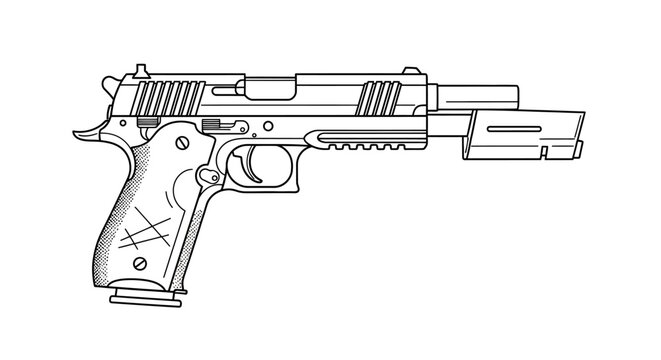 Line Art Illustration of a Tactical Pistol with Suppressor and Rail System