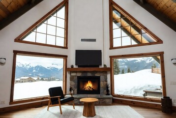 Naklejka premium A cozy living room with a fireplace, windows overlooking snowy mountains, and comfortable seating.