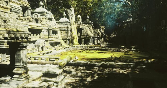 mossy pool nestled inside temple courtyard drone view reveals algae patterns, stone reflections and serene green tones, ideal for nature storytelling