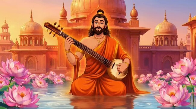 Artistic Illustration of Narada Muni Celebrating Jayanti with Traditional Musical Instrument in Divine Setting