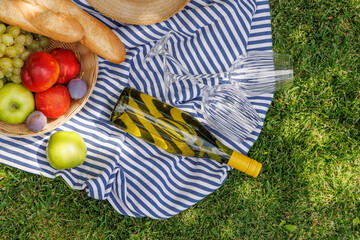 Naklejka premium Picnic with wine, fruits, and baguette on a green meadow