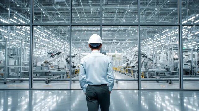 男性が工場の製造設備を視察する様子