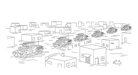 Naklejka premium Military convoy in urban warfare, armored vehicles advancing through destroyed city streets