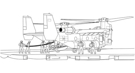 Fototapeta premium Military Helicopter Loading Cargo with Ground Crew Assistance
