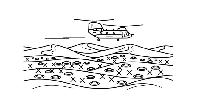 Military helicopter flies over desert landscape with minefield