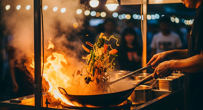 Professional chef skillfully tossing stir fry noodles over intense orange fire flames in a traditional wok during a vibrant night market event