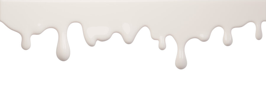 White ice cream and milk melt with glossy drips and smooth texture for dessert designs or summer graphics. Liquid flows down in curved streams for advertisements isolated on background. 3d render
