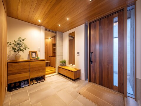 木目の質感が美しい注文住宅の玄関ホールと機能的なシューズボックスがある無人の屋内風景