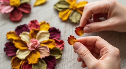 Close-up of hands arranging colorful fabric flowers on a table.