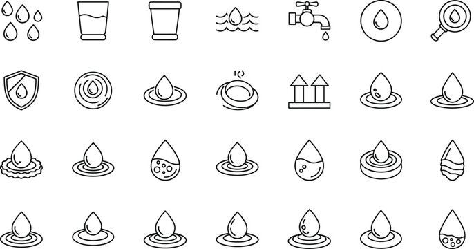Illustrated icons representing various aspects of water sources, treatment, and conservation