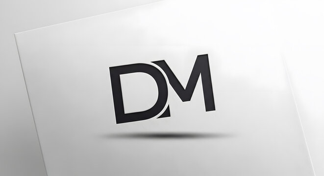 A modern and minimalist black monogram logo of the letters D and M combined on a white textured surface