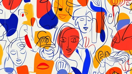 Obraz premium Abstract painting depicting numerous expressive faces and geometric shapes in vibrant hues.