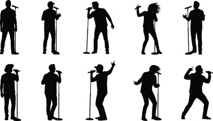 Fototapeta premium Diverse silhouettes of performers engaging with microphones on stage