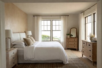 Fototapeta premium A serene bedroom with a bed, dresser, and windows.