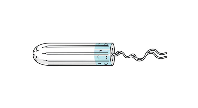Single white cotton tampon with a long string, used for feminine hygiene during a menstrual cycle, on white background.