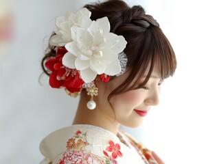 振袖を着て華やかな白い花の髪飾りを付けた横顔で微笑む美しい成人式の若い女性